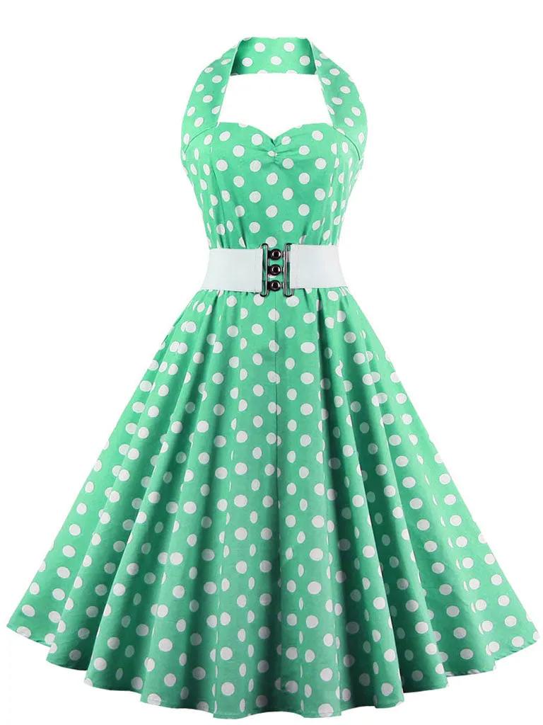 Polka Dots Off the Shoulder High Waist Halter 1950 Dress