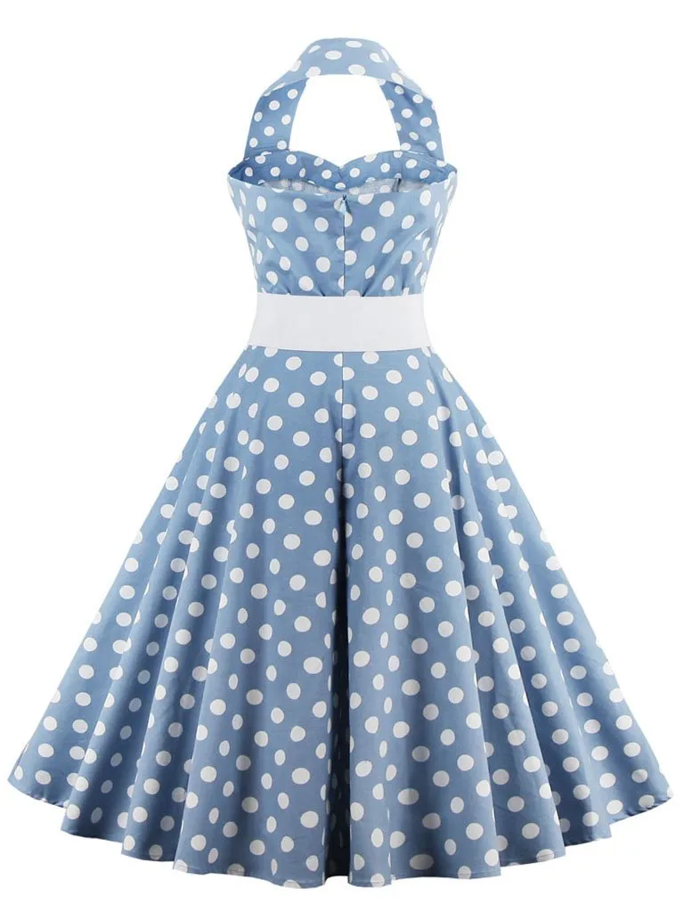 Polka Dots Off the Shoulder High Waist Halter 1950 Dress