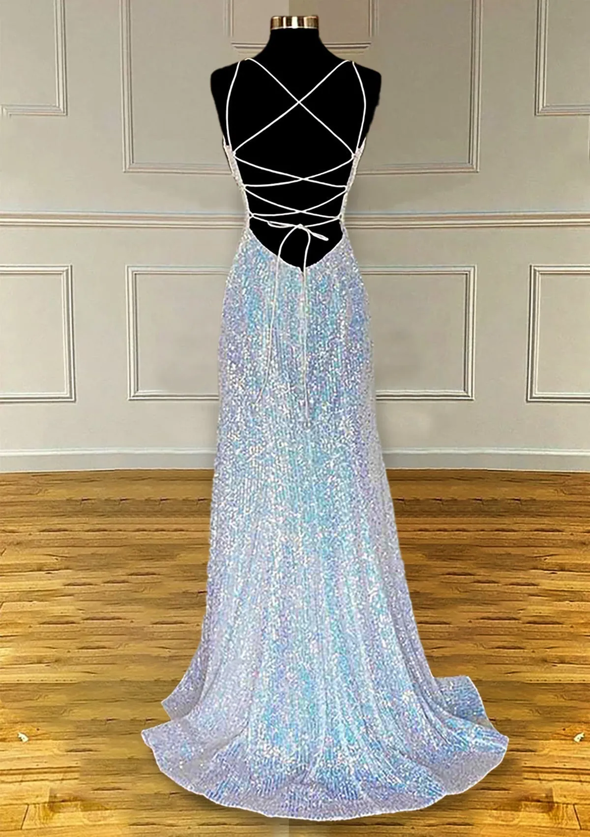 Pretty Prom Dresses, Sheath/Column V Neck Spaghetti Straps Sweep Train Sequined Prom Dresses With Pleated