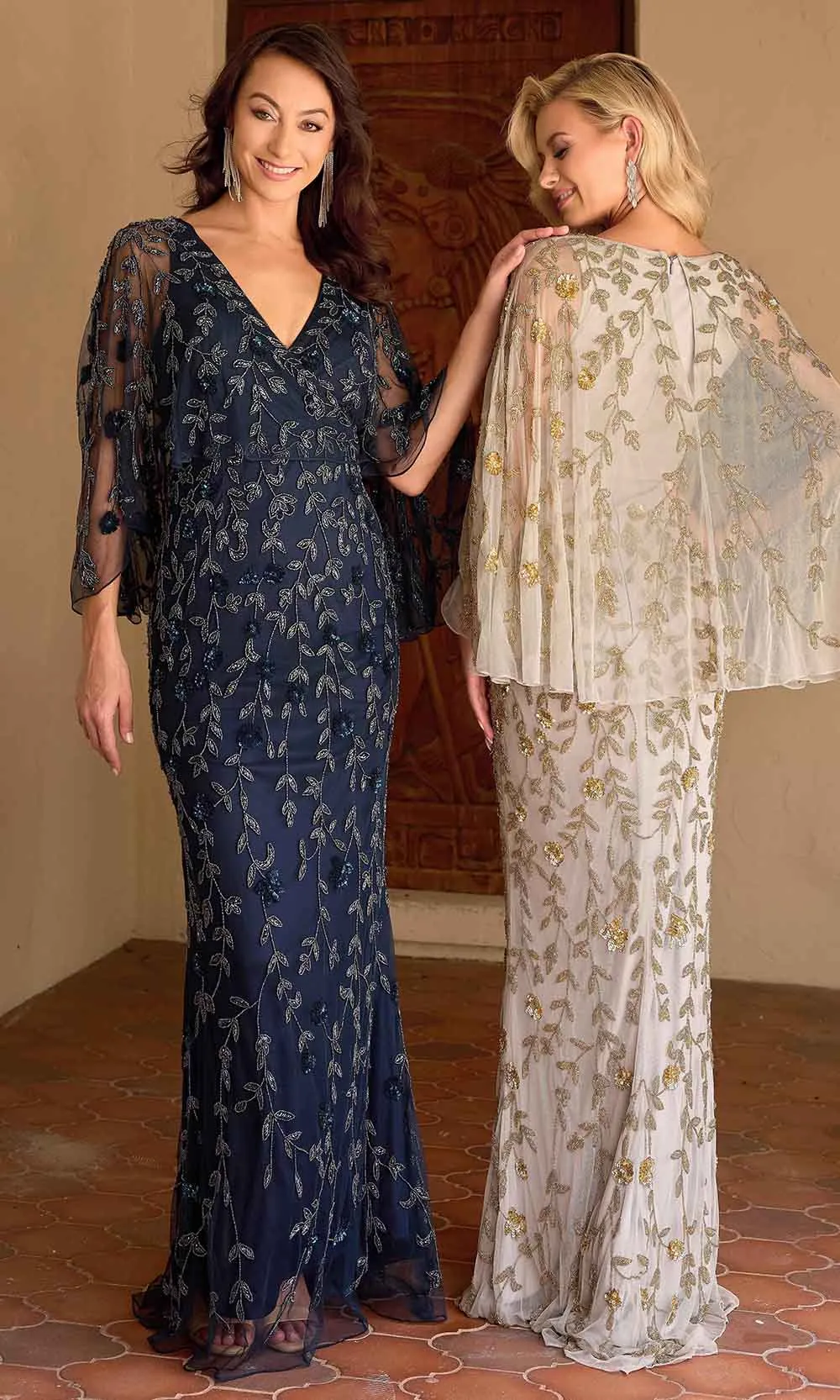 Primavera Couture 13149 - Sheer Capelet Beaded Foliage Evening Dress
