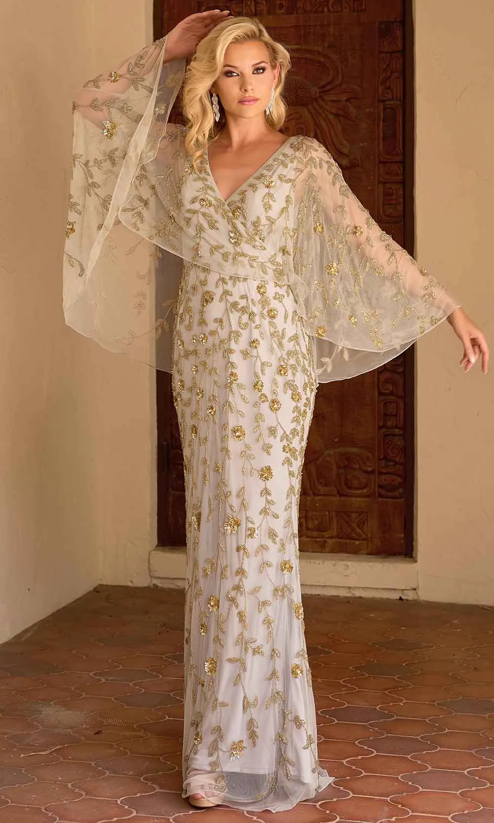 Primavera Couture 13149 - Sheer Capelet Beaded Foliage Evening Dress