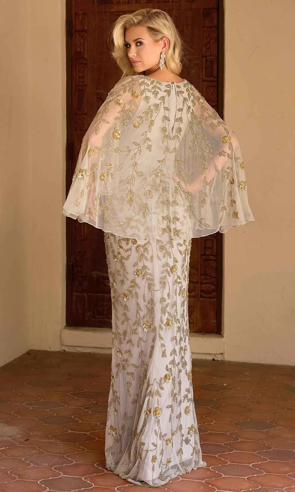 Primavera Couture 13149 - Sheer Capelet Beaded Foliage Evening Dress