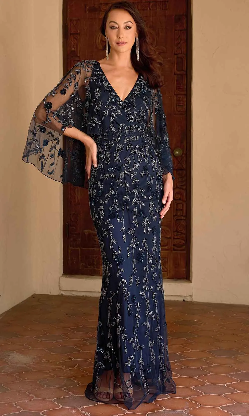 Primavera Couture 13149 - Sheer Capelet Beaded Foliage Evening Dress