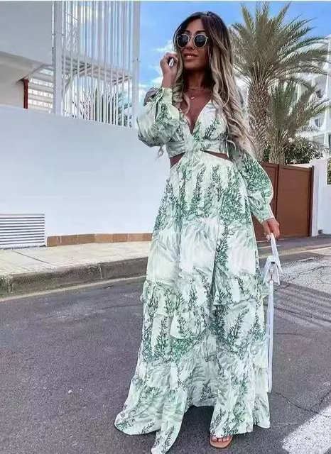 Print Maxi Summer Dress, Long Sleeve Waist Hollow Out Long Bohemian Swing Loose Dress