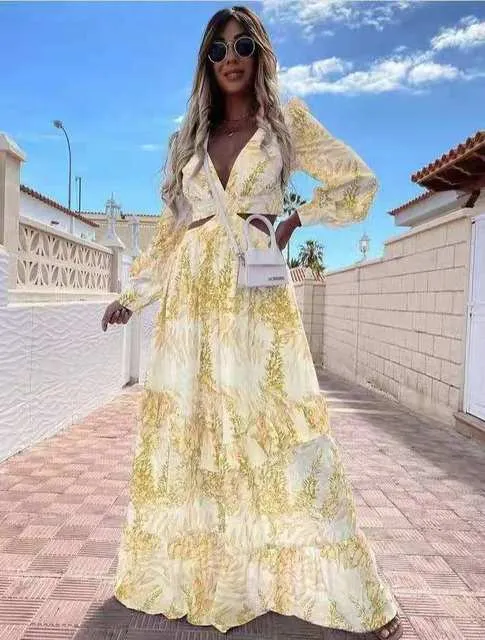 Print Maxi Summer Dress, Long Sleeve Waist Hollow Out Long Bohemian Swing Loose Dress