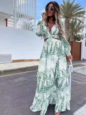 Print Maxi Summer Dress, Long Sleeve Waist Hollow Out Long Bohemian Swing Loose Dress