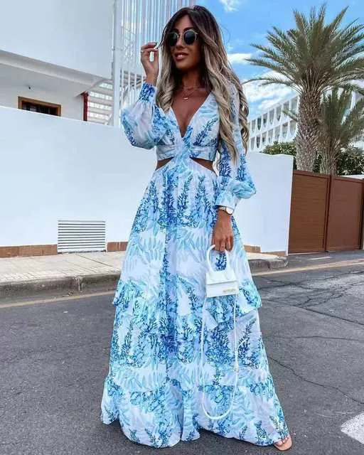 Print Maxi Summer Dress, Long Sleeve Waist Hollow Out Long Bohemian Swing Loose Dress