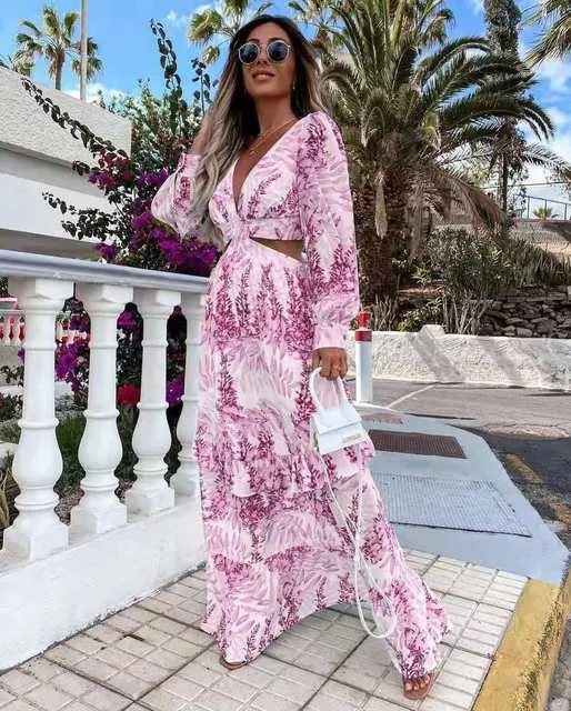 Print Maxi Summer Dress, Long Sleeve Waist Hollow Out Long Bohemian Swing Loose Dress