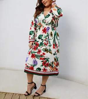 Printed Long Sleeved V-neck Dress