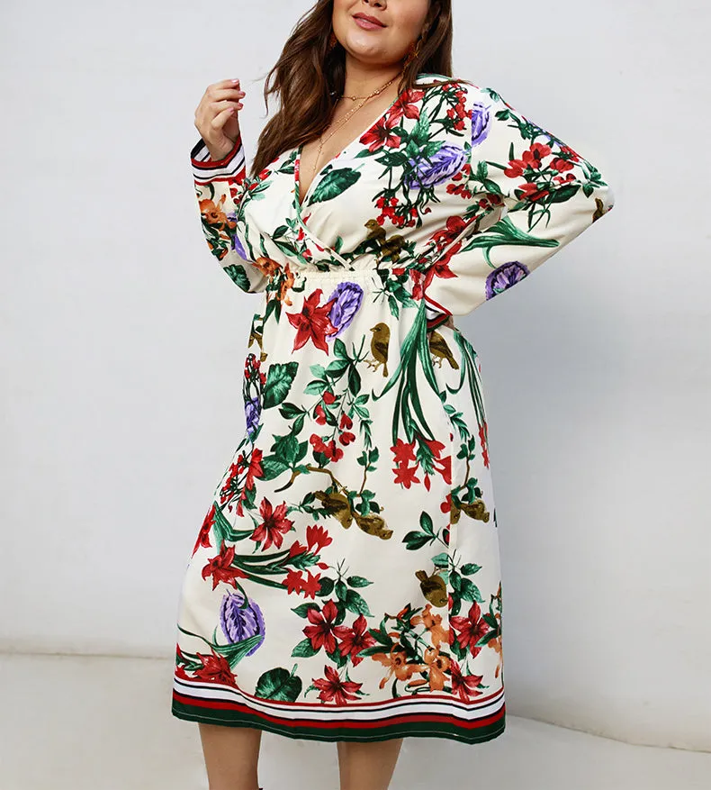Printed Long Sleeved V-neck Dress