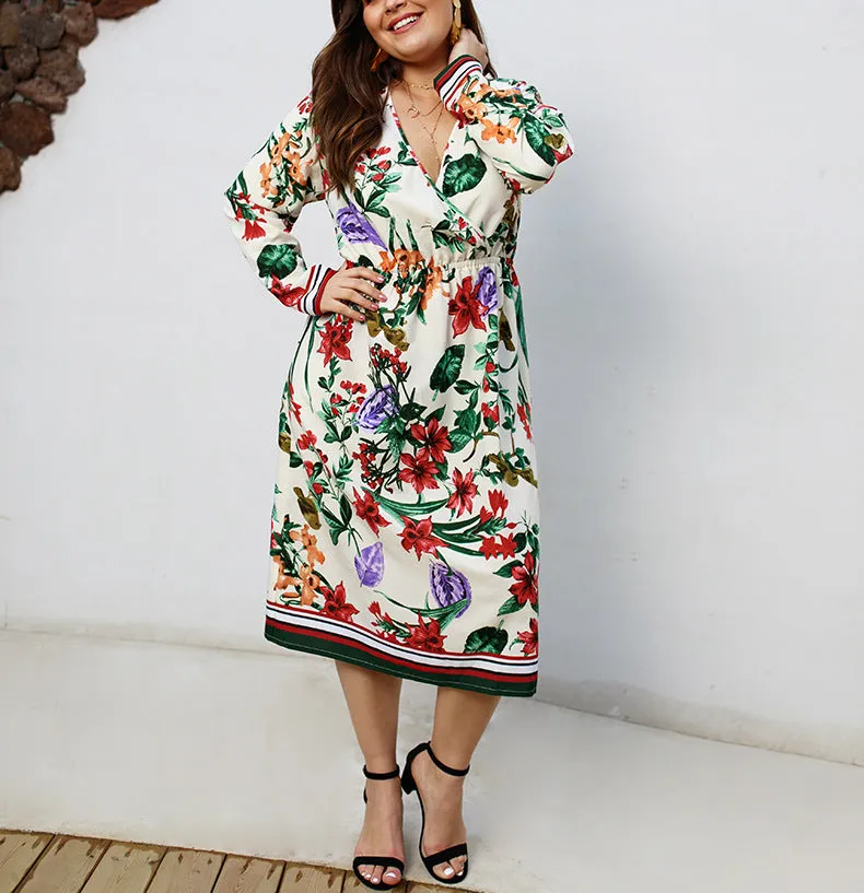 Printed Long Sleeved V-neck Dress