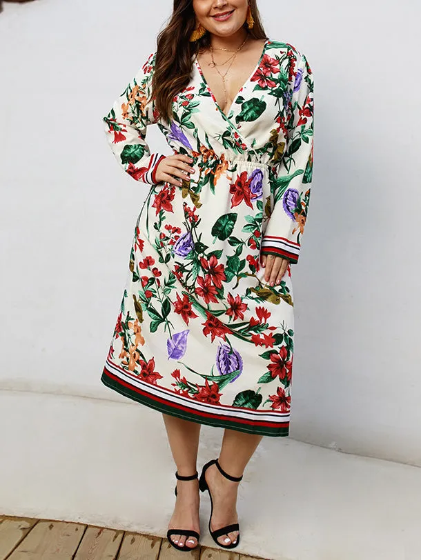 Printed Long Sleeved V-neck Dress