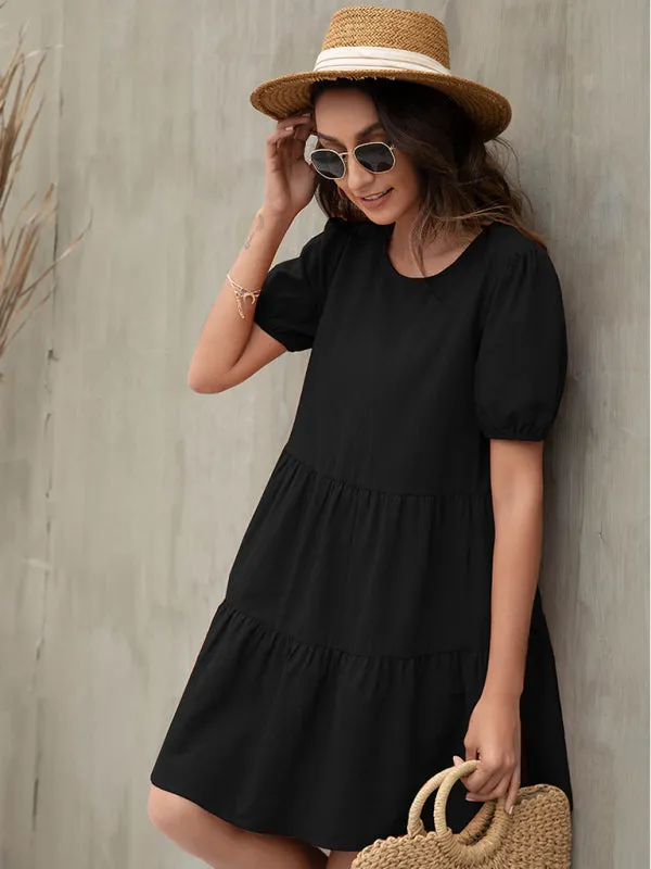 Puff Sleeve A-line Dress with Tiered Design