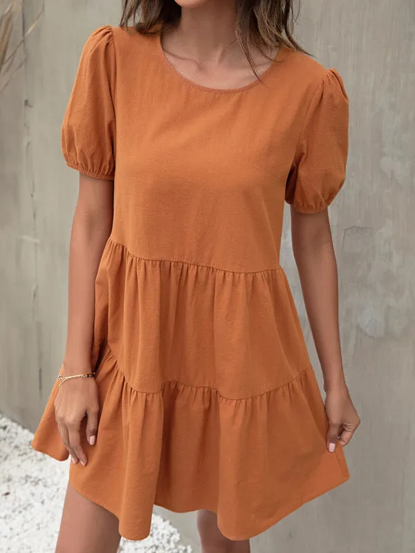 Puff Sleeve A-line Dress with Tiered Design