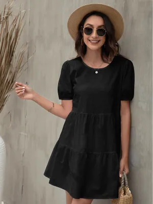 Puff Sleeve A-line Dress with Tiered Design