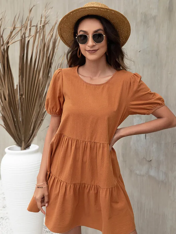 Puff Sleeve A-line Dress with Tiered Design