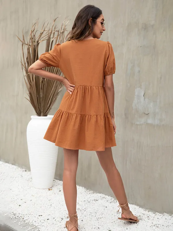 Puff Sleeve A-line Dress with Tiered Design