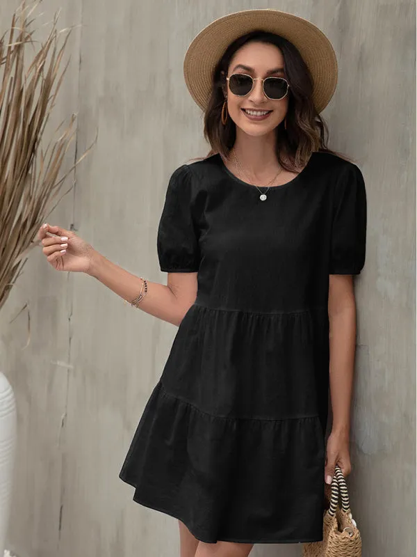 Puff Sleeve A-line Dress with Tiered Design