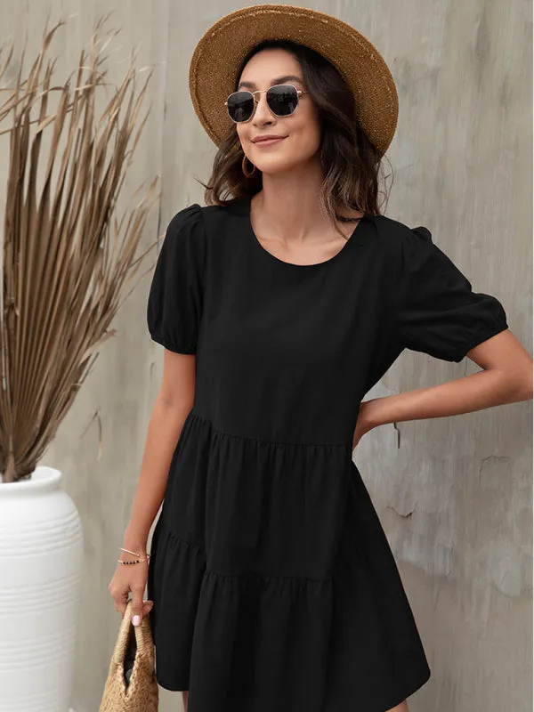 Puff Sleeve A-line Dress with Tiered Design