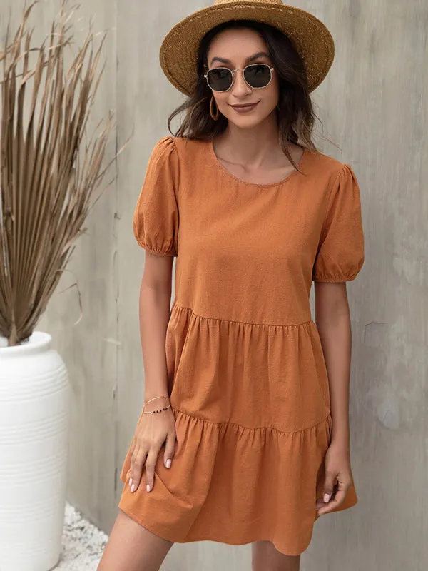 Puff Sleeve A-line Dress with Tiered Design