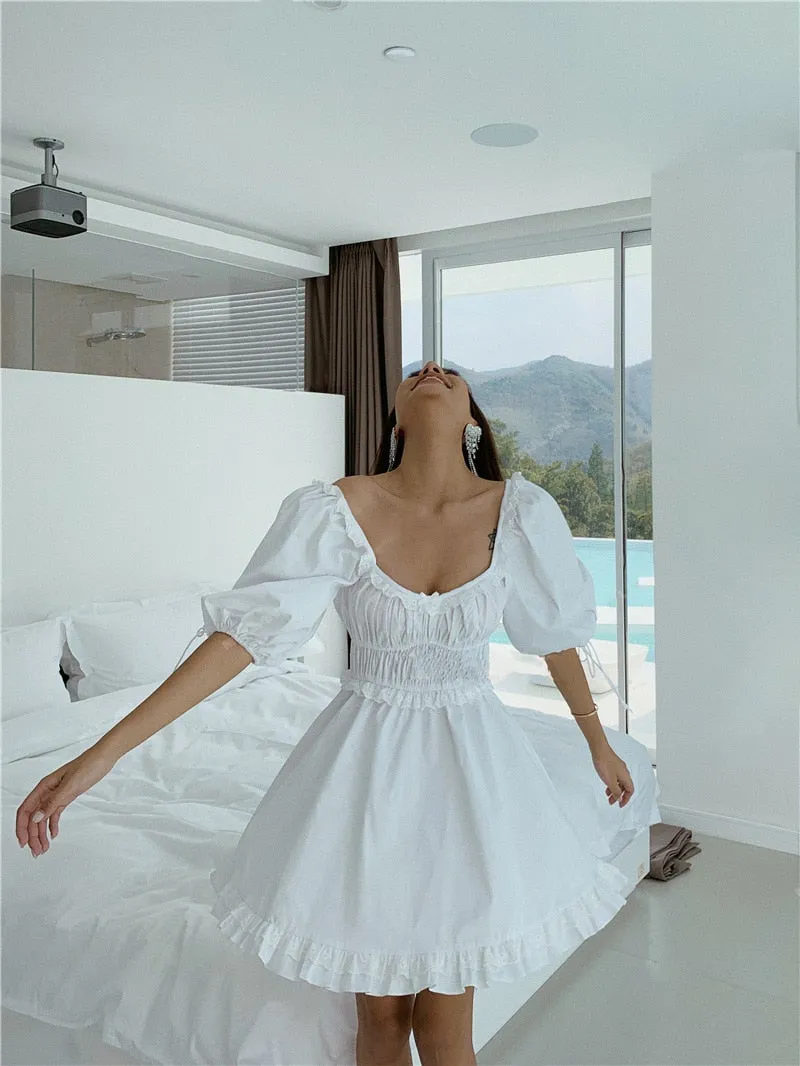 puff sleeve mini Sexy white party dress
