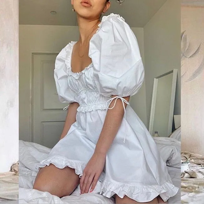 puff sleeve mini Sexy white party dress