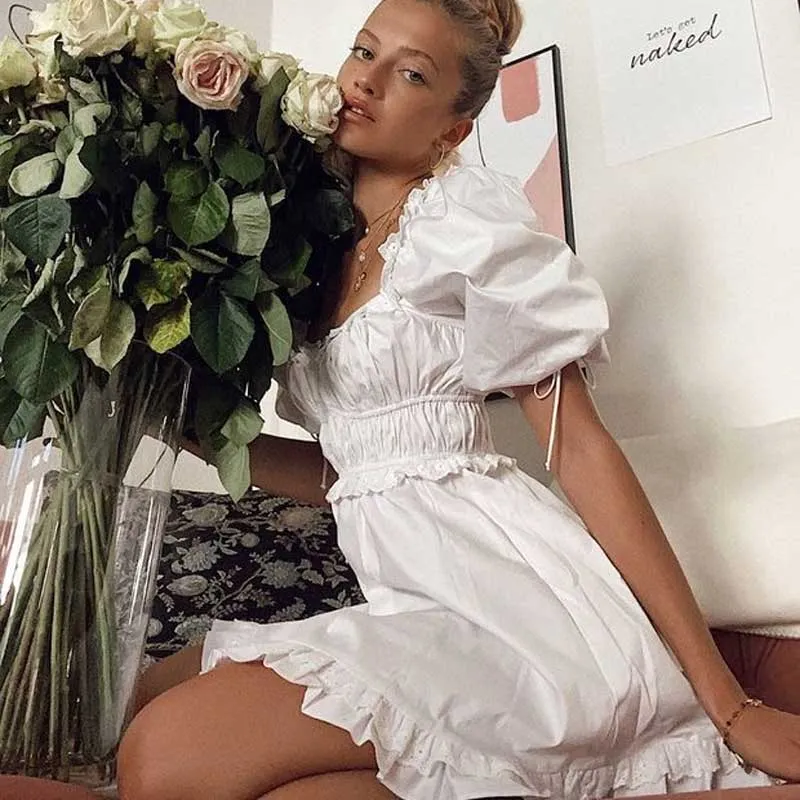 puff sleeve mini Sexy white party dress