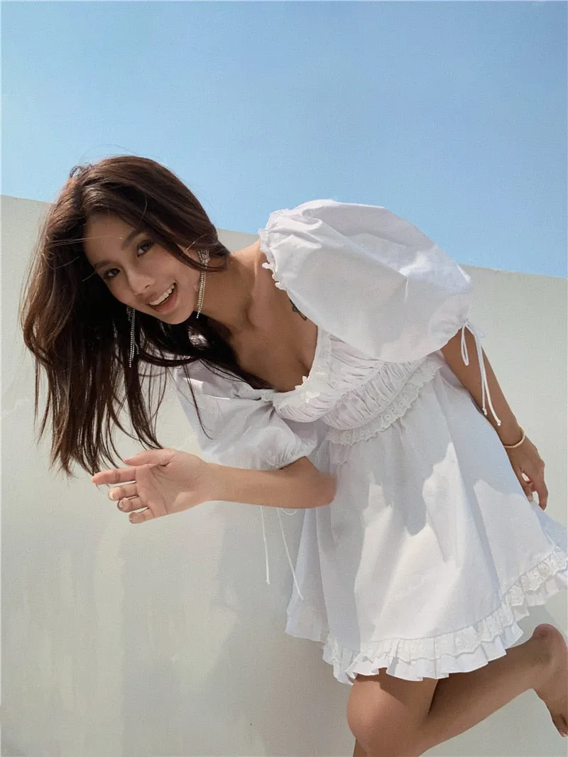 puff sleeve mini Sexy white party dress