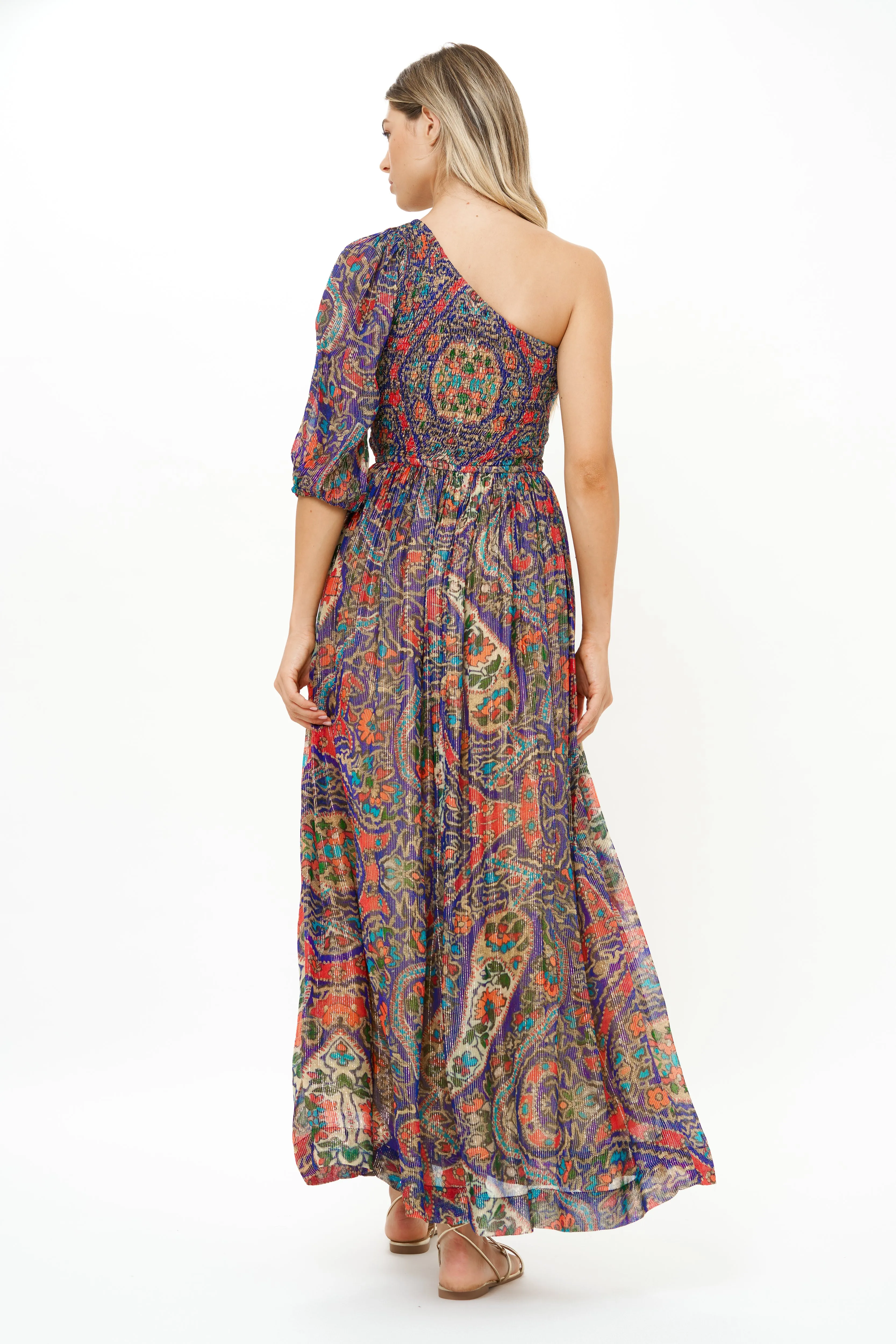 Puff Sleeve One Shoulder Smocked Maxi- Persia Cobalt