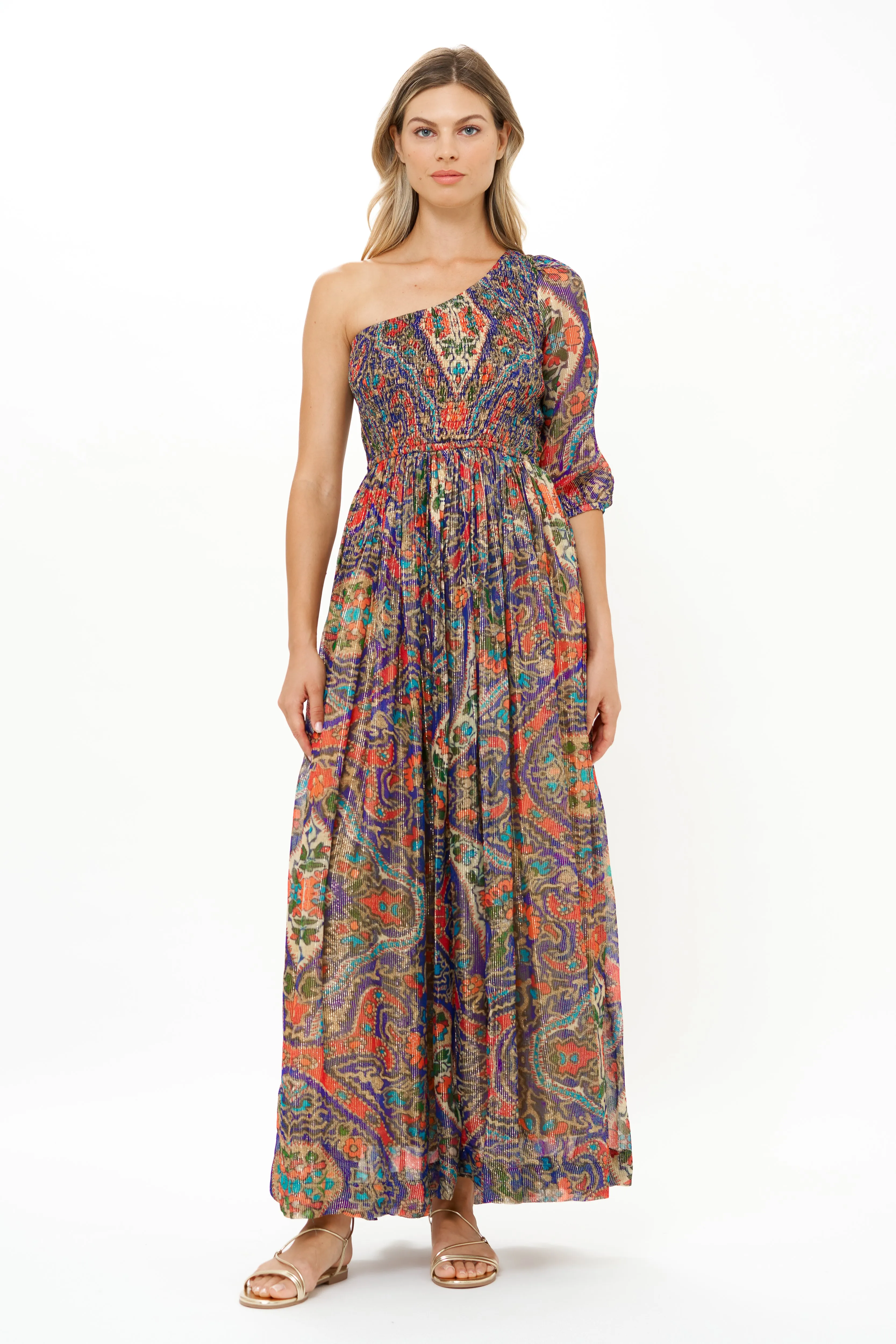 Puff Sleeve One Shoulder Smocked Maxi- Persia Cobalt