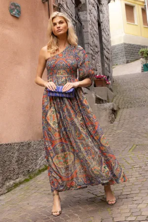 Puff Sleeve One Shoulder Smocked Maxi- Persia Cobalt