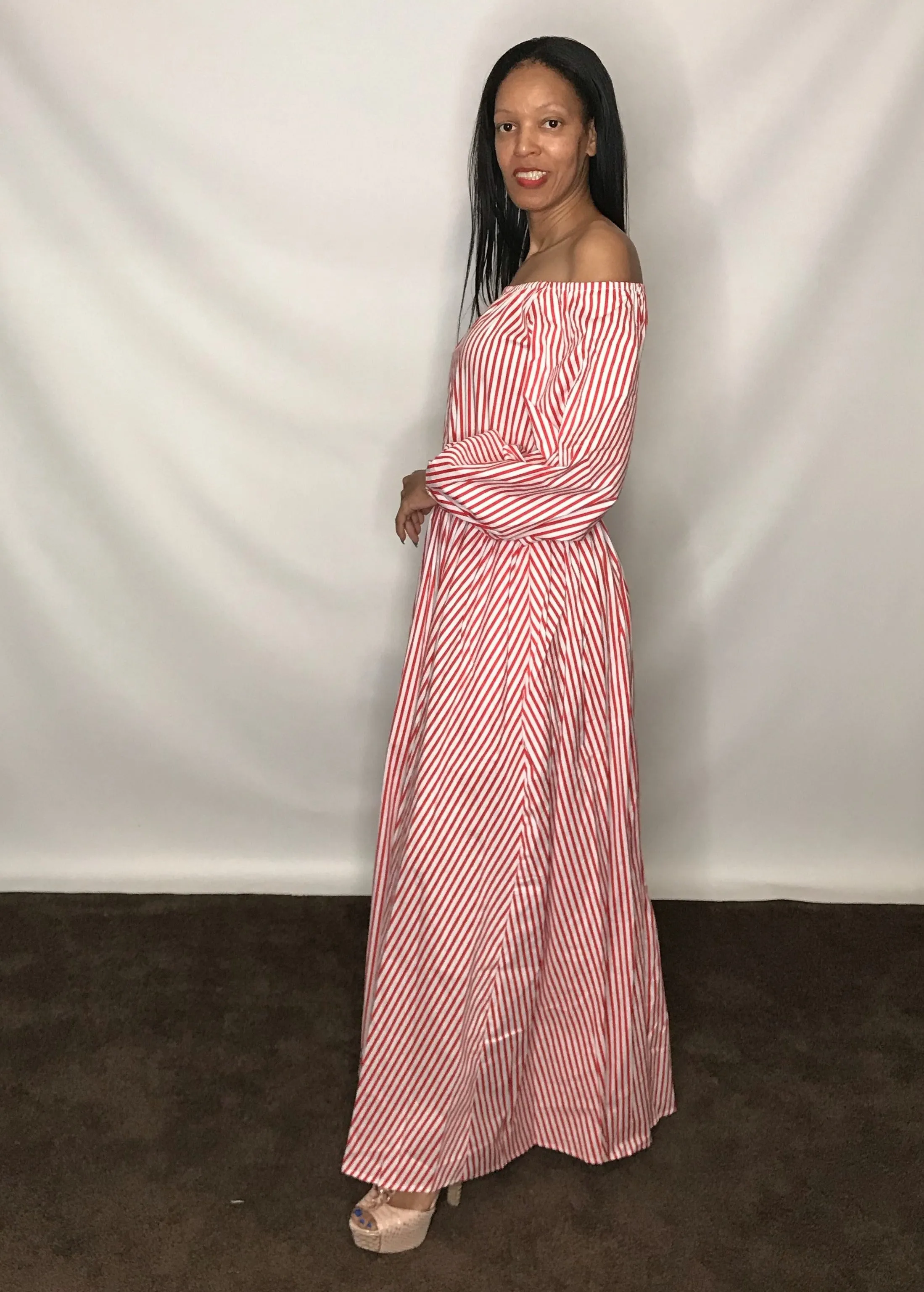 Puff Sleeve Stripe Maxi Dress