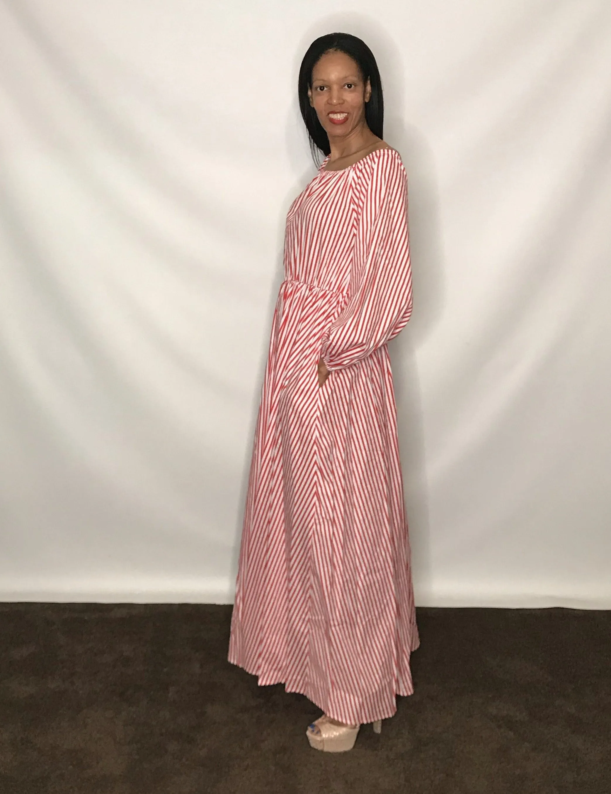 Puff Sleeve Stripe Maxi Dress