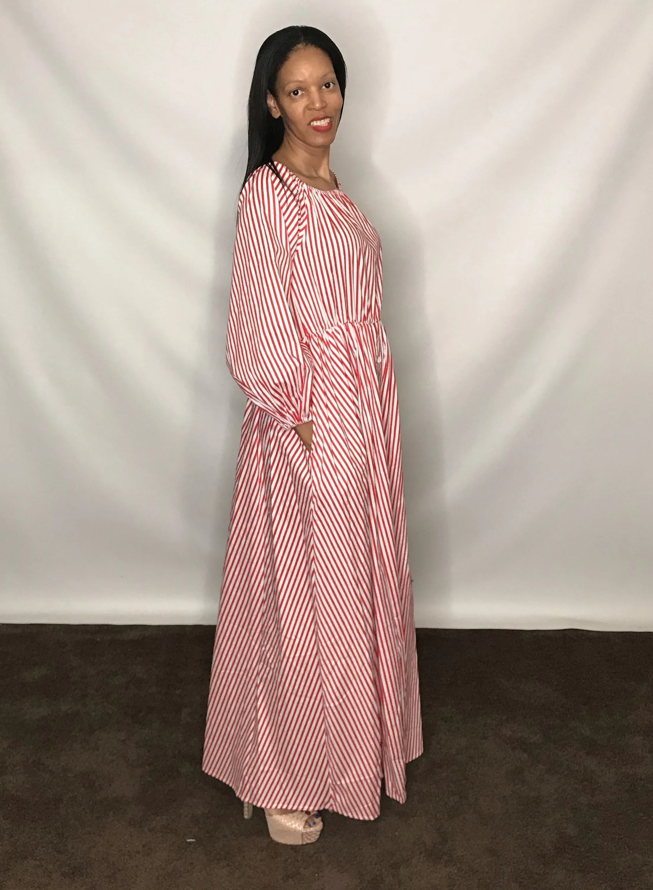Puff Sleeve Stripe Maxi Dress