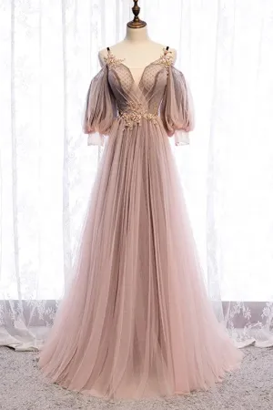 Puffy Sleeves Brown A-line Tulle Long Prom Dress