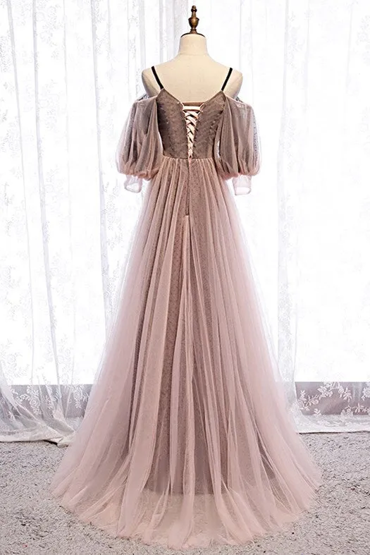Puffy Sleeves Brown A-line Tulle Long Prom Dress