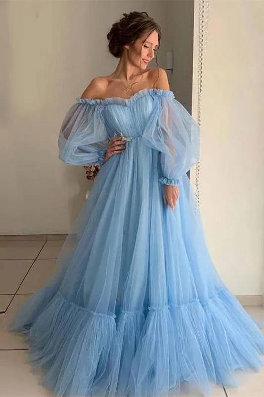 Puffy Sleeves Pink Tulle Formal Gown