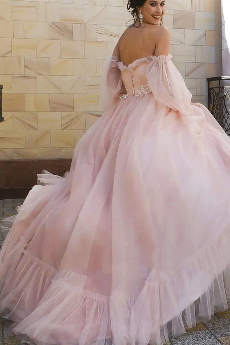 Puffy Sleeves Pink Tulle Formal Gown
