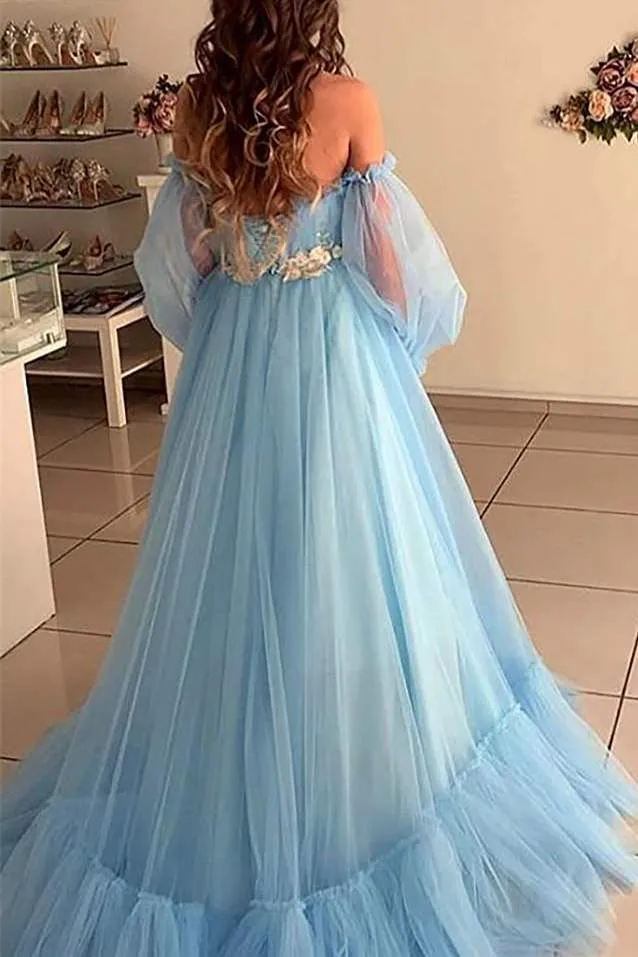 Puffy Sleeves Pink Tulle Formal Gown