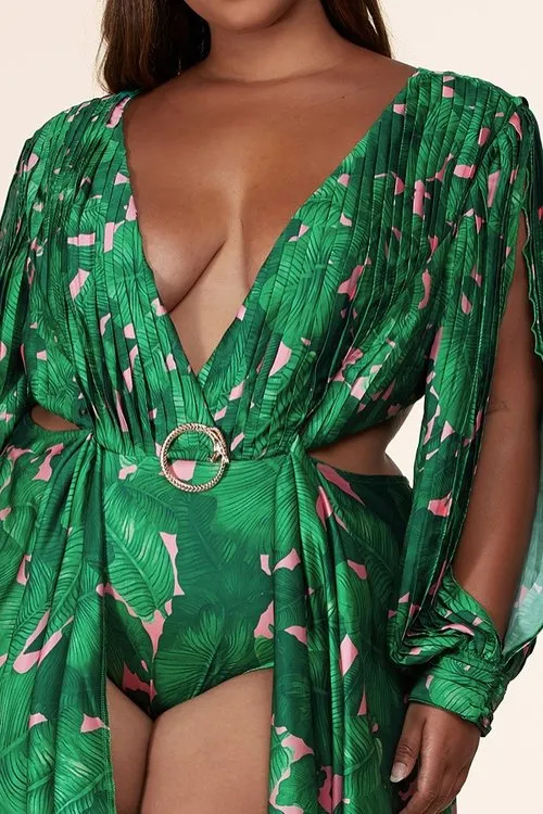 "DANIA" TROPICAL CUT OUT BODYSUIT LONG SLEEVE MAXI DRESS (PLUS SIZE)