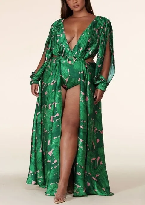 "DANIA" TROPICAL CUT OUT BODYSUIT LONG SLEEVE MAXI DRESS (PLUS SIZE)