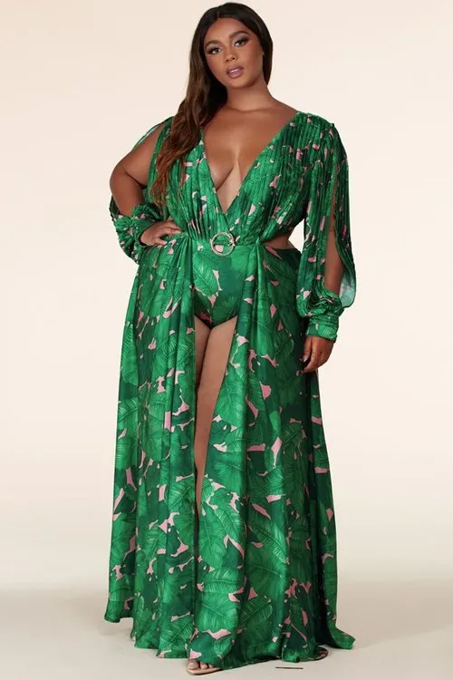 "DANIA" TROPICAL CUT OUT BODYSUIT LONG SLEEVE MAXI DRESS (PLUS SIZE)