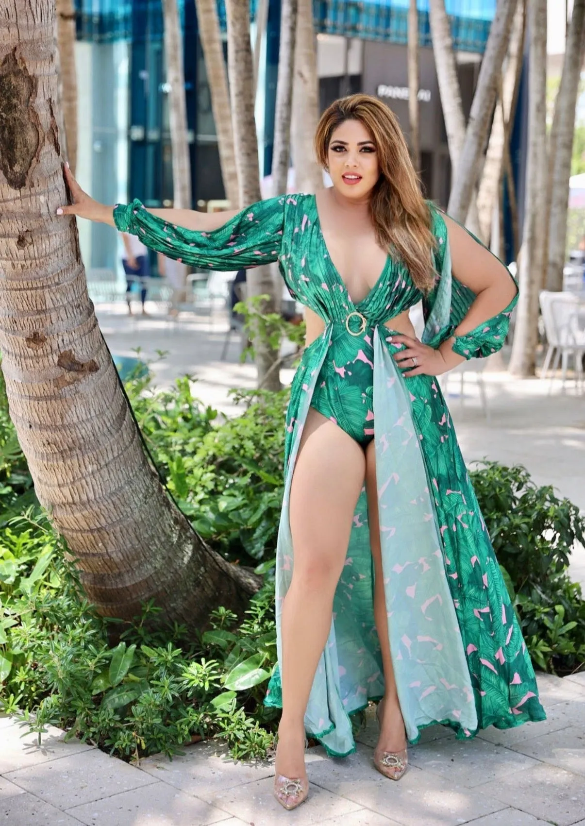"DANIA" TROPICAL CUT OUT BODYSUIT LONG SLEEVE MAXI DRESS (PLUS SIZE)