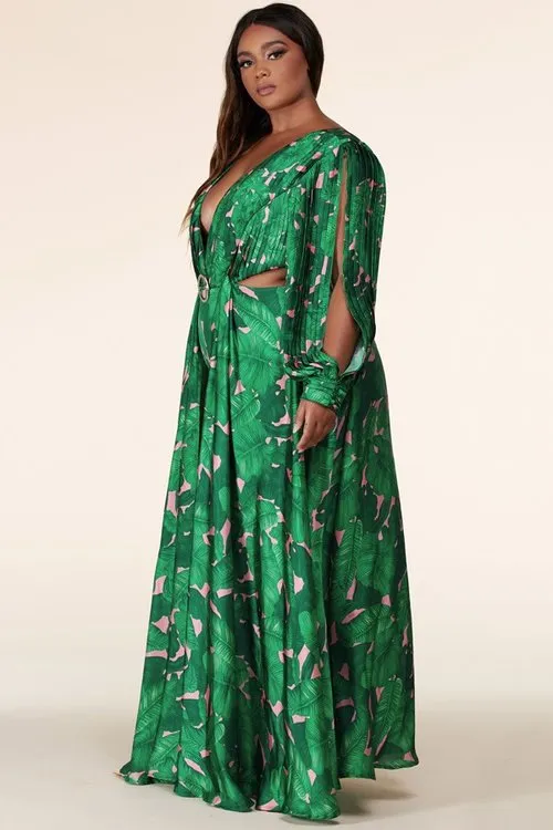 "DANIA" TROPICAL CUT OUT BODYSUIT LONG SLEEVE MAXI DRESS (PLUS SIZE)