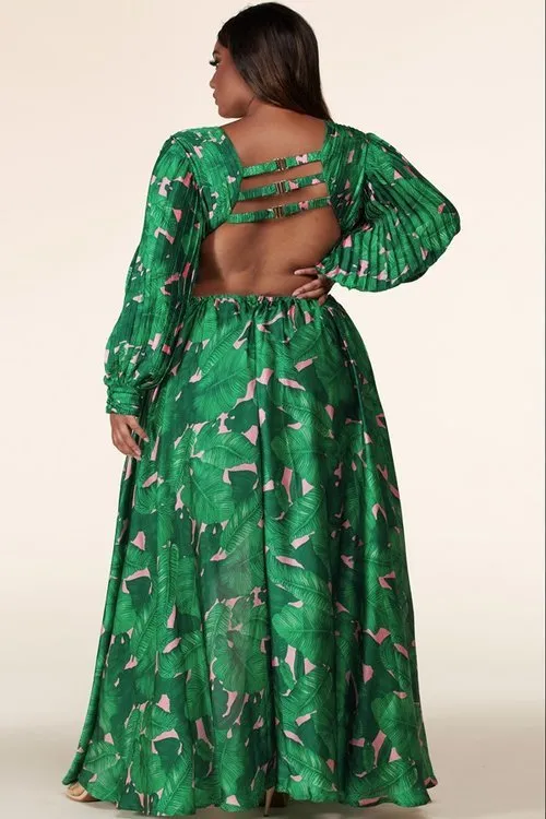 "DANIA" TROPICAL CUT OUT BODYSUIT LONG SLEEVE MAXI DRESS (PLUS SIZE)