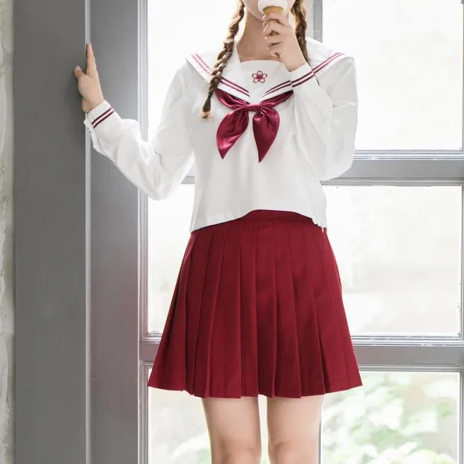 Red Sakura Blossom Embroidered School Uniform SD00840