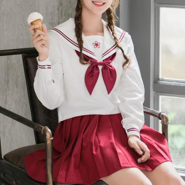 Red Sakura Blossom Embroidered School Uniform SD00840