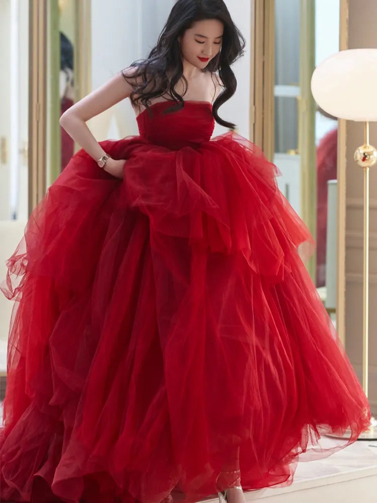 Red tulle long A line prom Dresses red evening Dresses