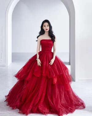 Red tulle long A line prom Dresses red evening Dresses