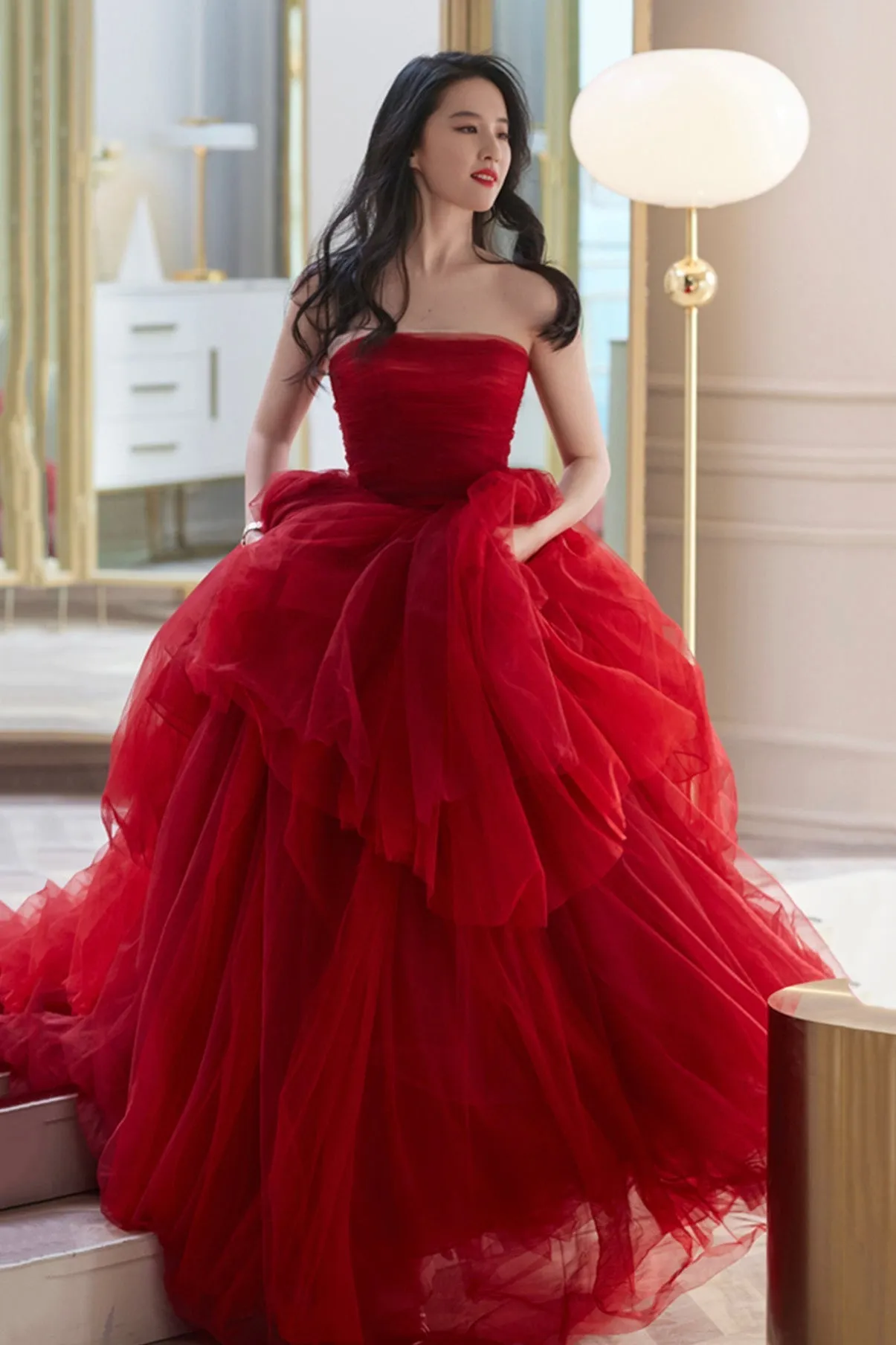 Red tulle long A line prom Dresses red evening Dresses